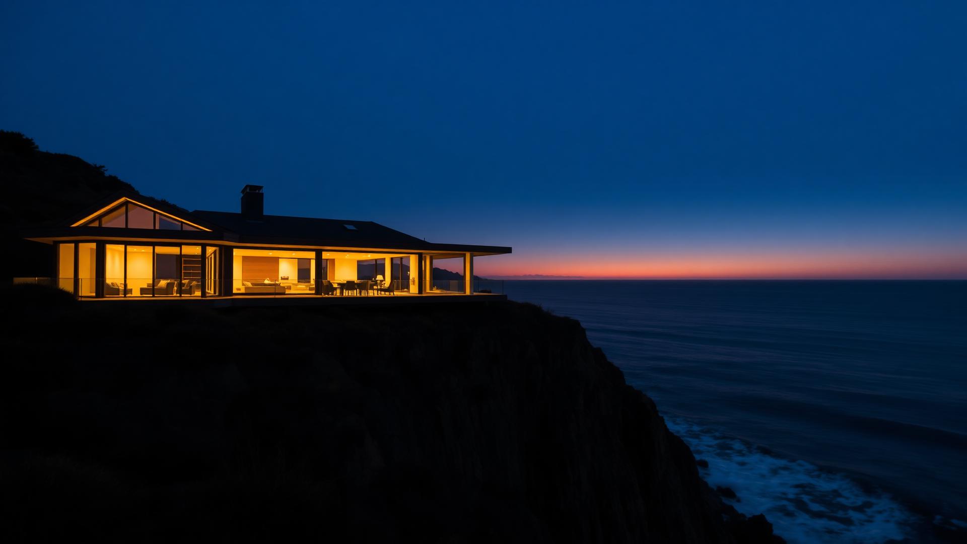 California coastal residence at dusk